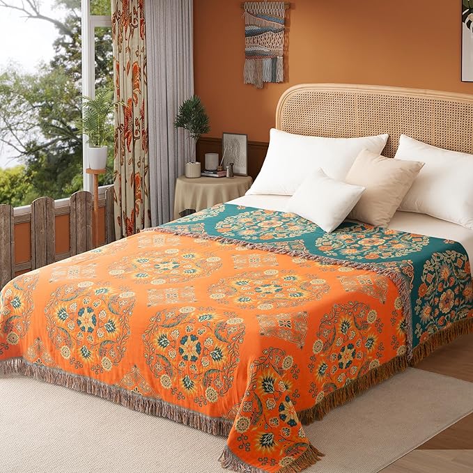 Boho Throw Blanket Throw Size, Soft Cozy Cotton Muslin Quilt Blanket for Bed Decor, Bird Patterned Couch Sofa Chair Cover, Vintage Farmhouse Cottage Tapestry Woven Blanket, Orange&Green
