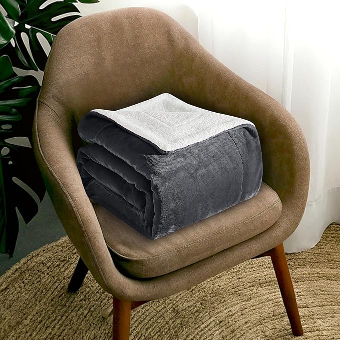 Mocassi Premium Ultra-Soft Flannel Fleece Sherpa Throw Blanket - Warm Cozy Reversible Plush Micromink Blanket for Couch, Bed and Sofa - Fluffy, Christmas Winter Bedding Gift, Full, Gray