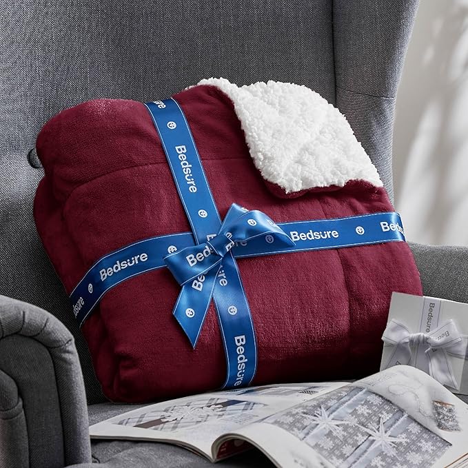 Bedsure GentleSoft Sherpa Fleece Throw Blanket for Couch, Non-Heated, Thick and Warm Throw for Girls and Women, Soft Fuzzy Plush Blanket for Winter, Burgundy, 50x60 Inches