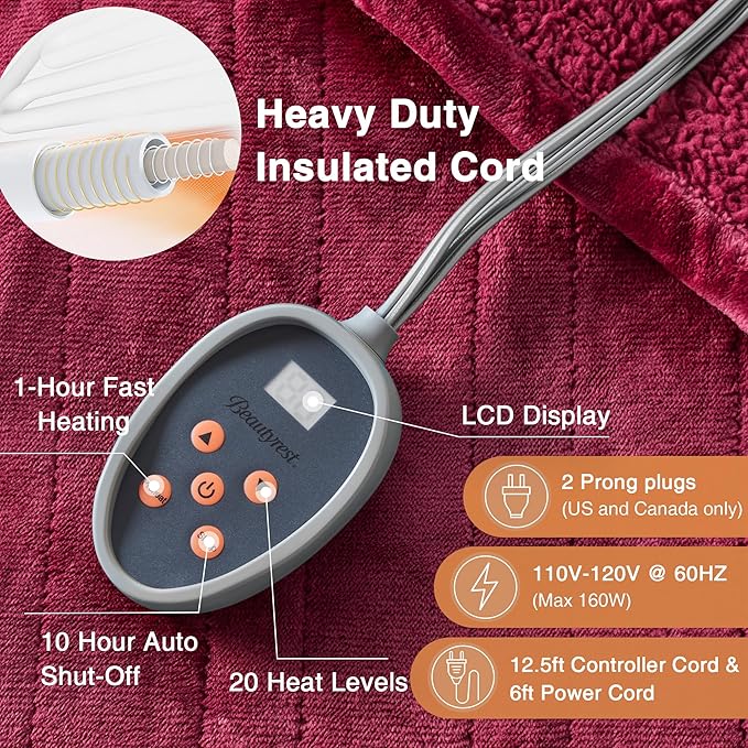 Beautyrest Heated Blanket, Electric Blanket, Soft, Warm, Reversible Plush - Sherpa Heating Blanket with 20 Heat Settings, 1-10 hrs Timer Auto Shut Off, Machine Washable, Full (84 inx80 in), Red