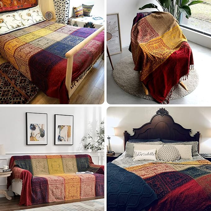 Boho Throw Blanket, Chenille Jacquard Tassels Throw Blankets for Bed Couch Soft Chair， Bohemian Fringe Tassels (Red, S:60x75