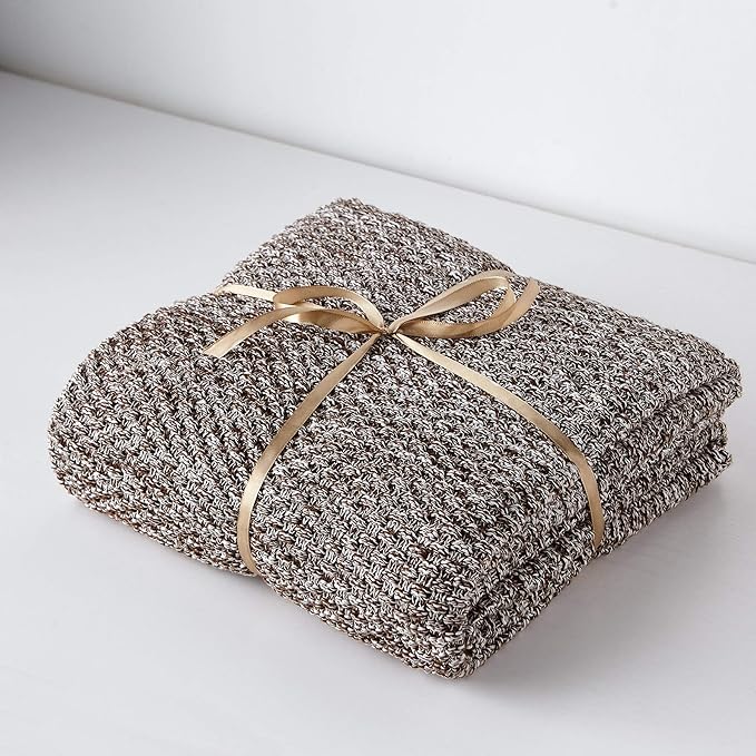 Longhui bedding Coffee Knitted Throw Blanket for Couch, Soft, Cozy Machine Washable 100% Cotton Sofa Knit Blankets, Heavy 3.0lb Weight, 51 x 63 Inches, Coffee and White Color.
