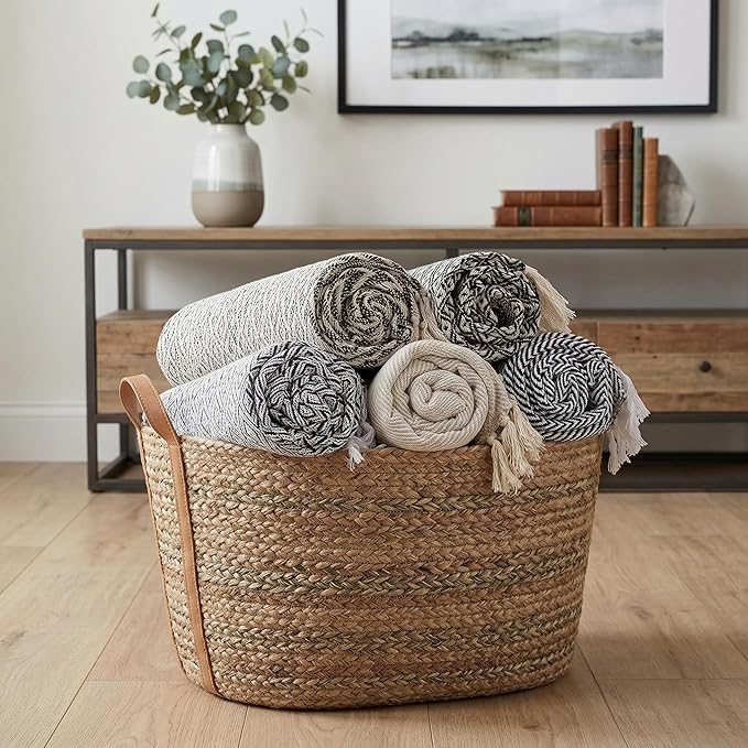 Americanflat 50x60 Throw Blanket - Soft and Breathable Cotton Throw Blanket for Couch, Bed, Chair - Decorative Blankets Perfect for Home, Office, or Outdoor Use - Blue and White Herringbone Design