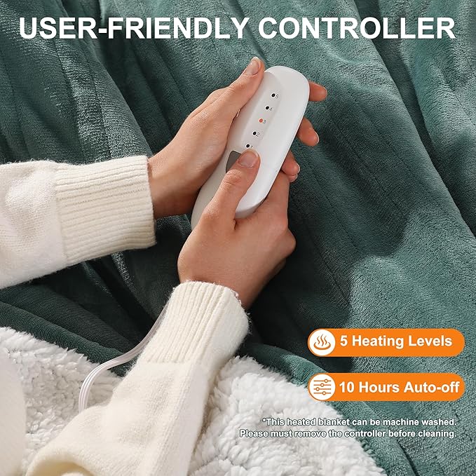 Electric Blanket Twin 62''X84'' Heated Blanket Green, Ultra Soft Silky Flannel & Fluffy Sherpa Heating Blanket with 5 Heat Levels & 10 Hrs Timer, ETL Certified & Overheat Protection, Gifts for Grandma