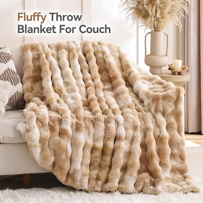 Smoofy Faux Fur Throw Blanket for Couch – Tie-dye Camel Fluffy Cozy Rabbit Fleece, Plush Soft Bubble Blanket for Sofa & Bed, for Mom, Warm Fuzzy Home Room Decor Throw 50" x 60"