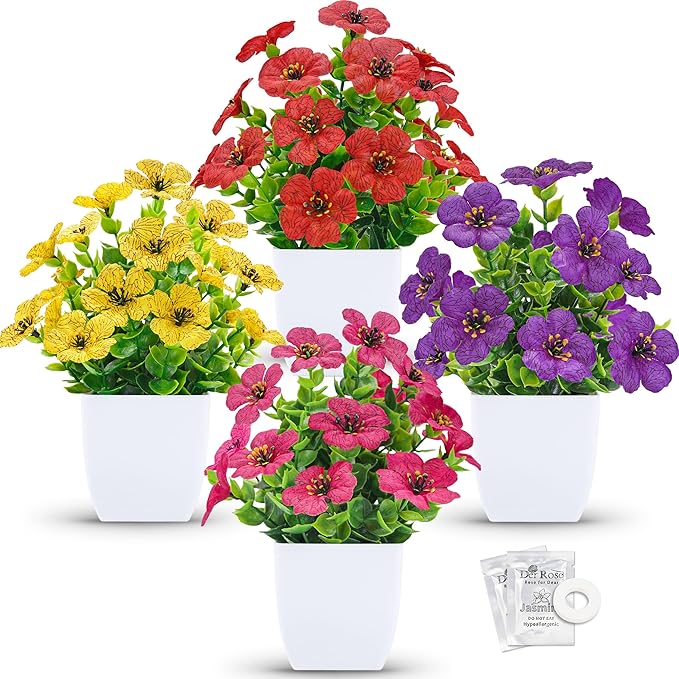 Der Rose 4 Pack Small Fake Plants Spring Artificial Flowers with Fragrance Faux Plants Indoor for Farmhouse Bathroom Office Desk Decor