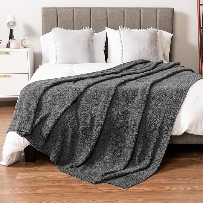 PAVILIA Super Soft Throw Blanket for Couch, Fluffy Cozy Lightweight Grey Blanket, Large Fuzzy Warm Knit Blanket for Bed Sofa, Dark Gray, 60x80