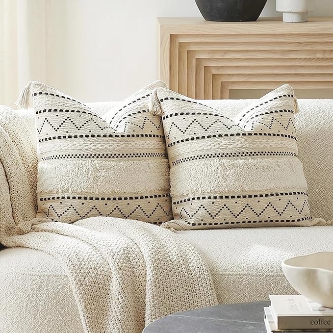 BlissBlush Decorative Throw Pillow Covers 18x18 Combo Set of 2 Square Boho Black Neutral Accent Pillowcase Tassels Farmhouse Cushion for Couch Sofa Bedroom Living Room Home Décor Cover ONLY