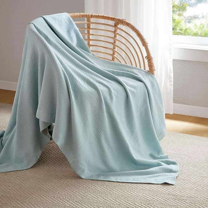 Madison Park 100% Egyptian Cotton Lightweight Summer Blanket, Breathable Waffle Knit Design, Soft Cozy All-Season Throw for Bed, Couch or Sofa, Light Blue Twin Size (66"x90")
