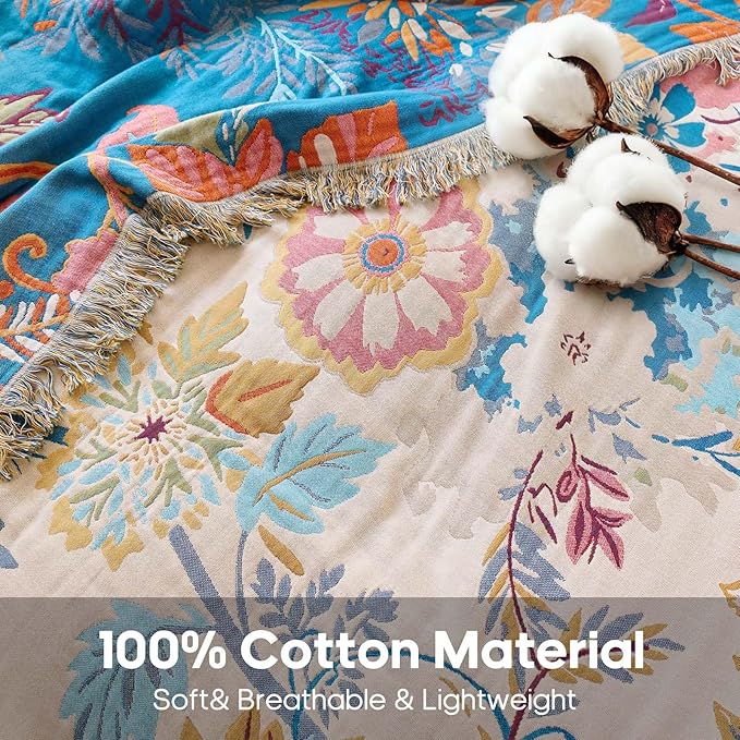 Boho Throw Blanket 50"x60" Floral Couch Blanket with Sunflowers,100% Cotton Soft Breathable Lightweight Spring Decorative Tassel Reversible Blankets for Sofa Bed Decor All Season