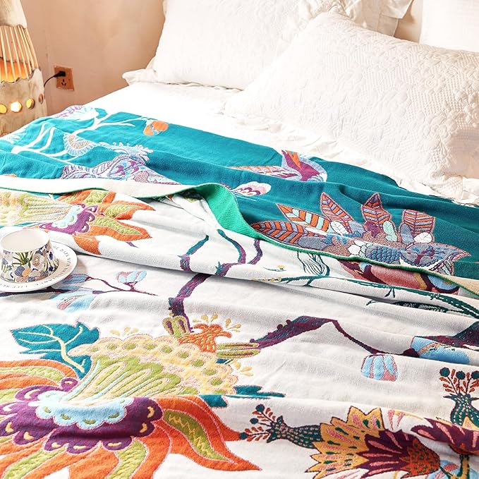 Boho Throw Blanket, 100% Organic Cotton Breathable Skin-Friendly Ultra Soft Bed Quilt Throw - All Season Floral Bird Farmhouse Décor Luxury Blanket for Sofa Couch Chair and Gift. 80" x 90"