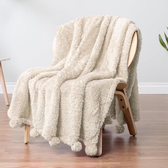 PAVILIA Cream Sherpa Throw Blanket for Couch, Warm Plush Pom Pom Blanket Throw Twin, Ivory Fuzzy Sofa Blanket Throw for Bed, Lightweight Soft Cozy Fluffy Blanket with Pom Poms, Beige, 60x80