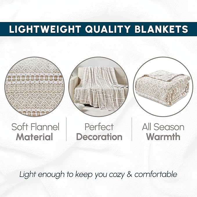 Elegant Comfort Ultra Soft Print Flannel Fleece Bed Blanket, Cozy-Fuzzy Lightweight Bedspread Coverlet, All Season Decorative Blanket for Couch, Sofa, Geometric Design, Queen Size, Tala