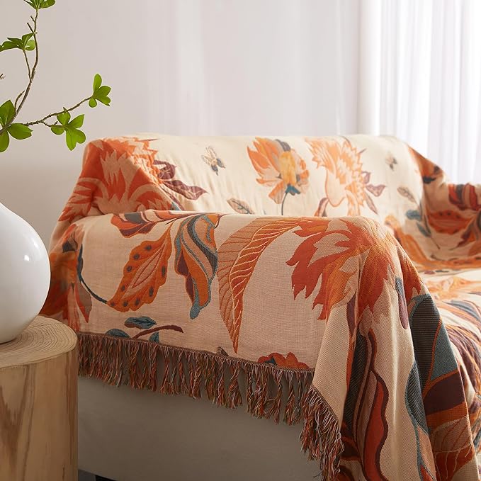Boho Throw Blanket for Bed 50”x60”, 100% Cotton Woven Blanket for Couch Sofa, Ultra Soft 4-Layer Muslin Quilt with Floral Printed, Farmhouse Bed Blanket/Cover for Living Room Decor