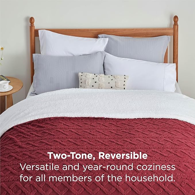 Bedsure Gentlesoft Sherpa Queen Size Blanket for Bed - Fleece Fluffy & Cozy Cable Jacquard Tufted for Women Gift, Thick and Warm Christmas Blanket for Winter, Red, 90x90 Inches