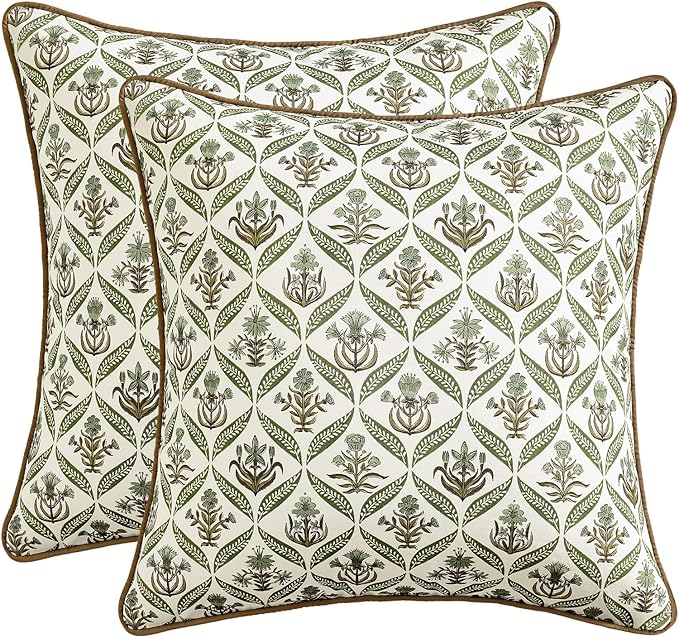 MIULEE Floral Throw Pillow Covers 18x18 Set of 2 Green and Brown Spring Decorative Block Print Cotton Cushion Covers for Couch Living Room, Modern Outdoor Sofa Vintage Garden Pillowcases Home Decor