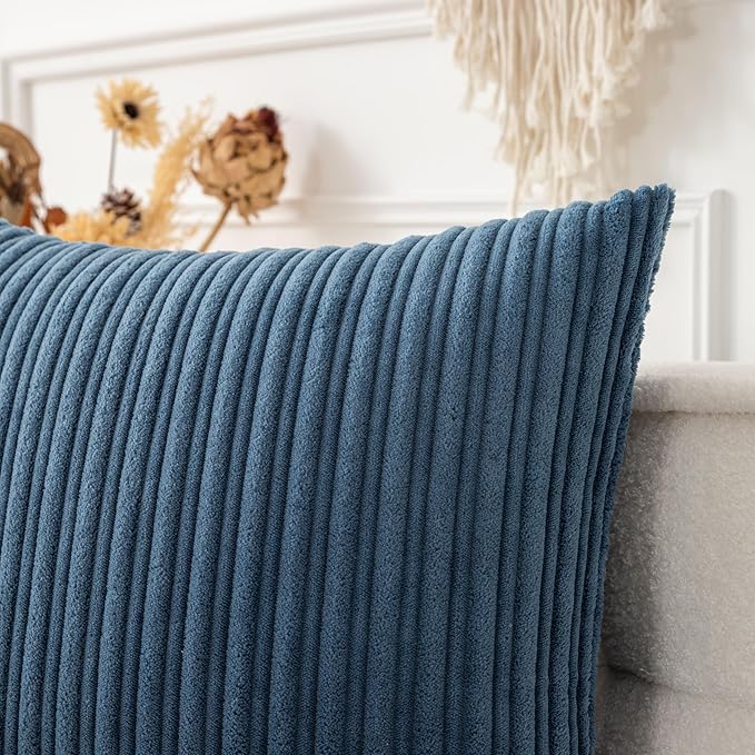 UGASA 14x24 Inch Pillow Cover Pack of 1 Soft Boho Stripe Corduroy Long Rectangular Lumbar Cushion Cover Farmhouse Decorative Throw Pillowcase for Bed, Couch, Sofa, Bedroom, Living Room, Dusty Blue
