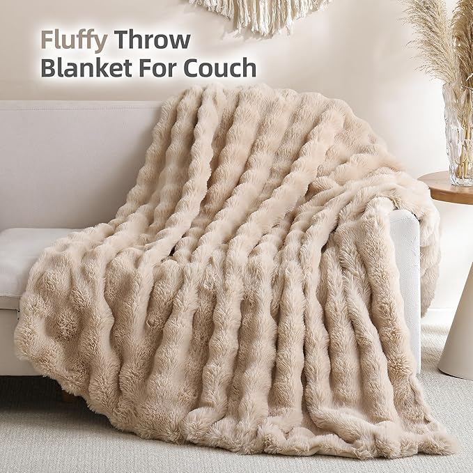 Smoofy Faux Fur Throw Blanket for Couch – Linen Fluffy Cozy Rabbit Fleece, Plush Soft Bubble Blanket for Sofa & Bed, for Mom, Warm Fuzzy Home Room Decor Throw 50" x 60"