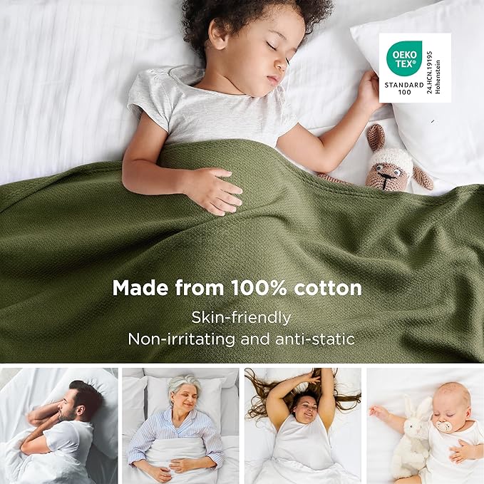 Bedsure GentleSoft 100% Cotton Large Throw Blanket for Couch 50x70 inches - Breathable and Lightweight, Soft Cozy Herringbone Woven Cotton Throw for Summer, Olive Green Office Chair Blanket