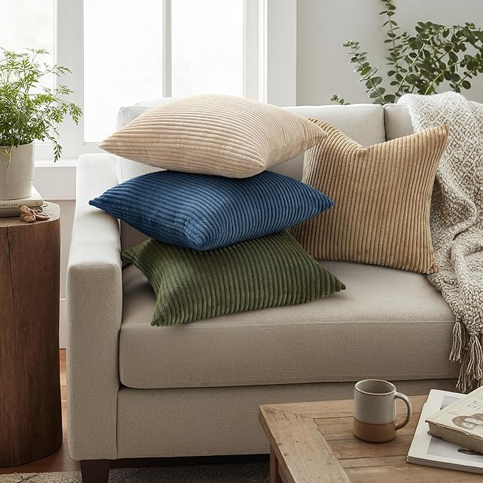 Mecatny Corduroy Decorative Throw Pillow Covers 20x20 Set of 2 for Sofa Living Room, Soft Neutral Boho Couch Pillow Covers for Home Decor, Olive Green