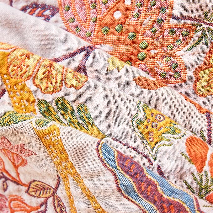 Boho Throw Blanket 80" x 90", 100% Organic Cotton Breathable Skin-Friendly Ultra Soft Bed Quilt Throw - Floral Rustic Decor Luxury Reversible Blanket for Sofa Couch Chair and Gift,