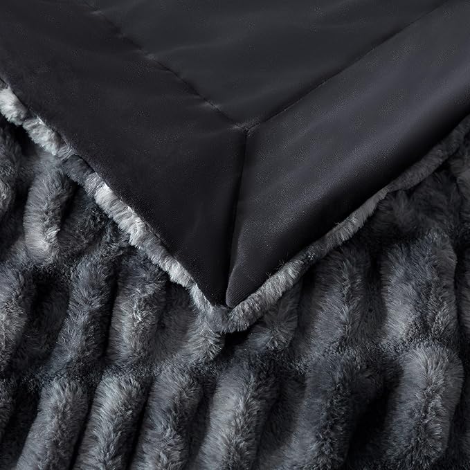 WDCOZY Ruched Faux Fur Throw Blanket Soft Cozy Fluffy Luxurious Blankets Couch Bed Sofa Chair Home Decor Warm Furry Fall Winter Plush Rabbit Fur Bubble Blanket 60" x 80", Charcoal Gray Dark Grey