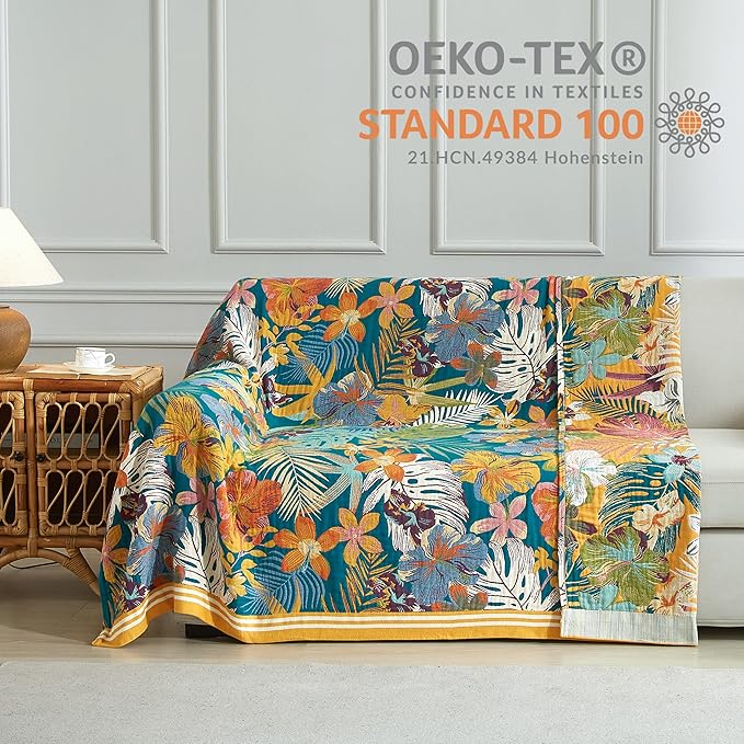 Boho Throw Blanket for Bed 80”x90”, 100% Cotton Woven Blanket for Couch Sofa, Ultra Soft 4-Layer Muslin Quilt with Floral Printed, Farmhouse Bed Blanket/Cover for Living Room Decor