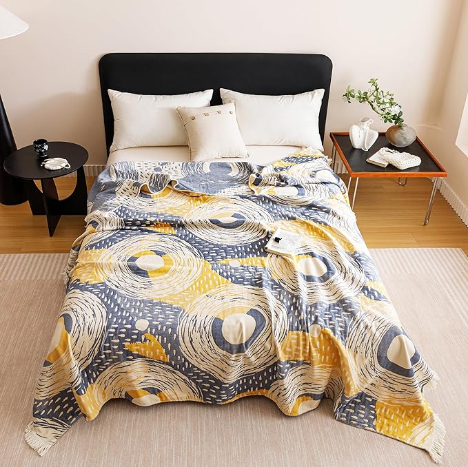 Scientific Sleep Starry Blue Sky Moon Stars 100% Cotton Muslin Blanket Throw Cover for Bed Couch Sofa Cozy Soft Reversible Bedding Blanket Quilt Bedspread Coverlet Twin 60 in x 80 in