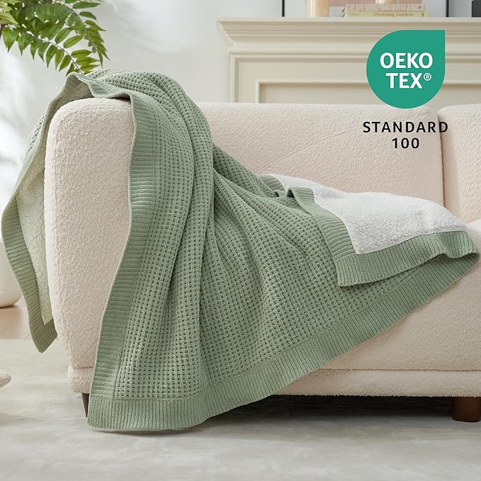 Amélie Home Reversible Waffle Weave Throw Blanket, Chenille Knit with Warm Sherpa, Soft Cozy Blanket for Bed, 60"x80", Sage Green