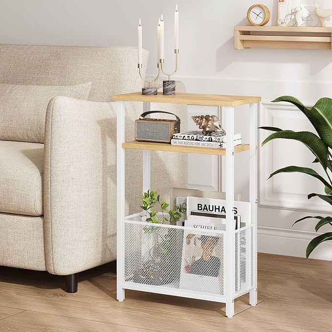 Narrow Side Table with Storage Basket Skinny End Tables for Smalls Spaces 3 Tier Sofa Table Small Nightstand Slim Bedside Table for Living Room Bedroom Natural Wood MLBZ22Y