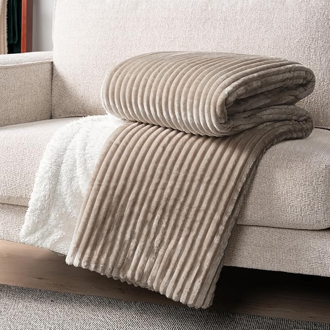 PAVILIA Tan Taupe Sherpa Fleece Throw Blanket for Couch Twin, Soft Plush Fuzzy Blankets, Fluffy Flannel Sherpa Blanket for Bed, Warm 3D Ribbed Winter Blanket Gift, 60x80 inches
