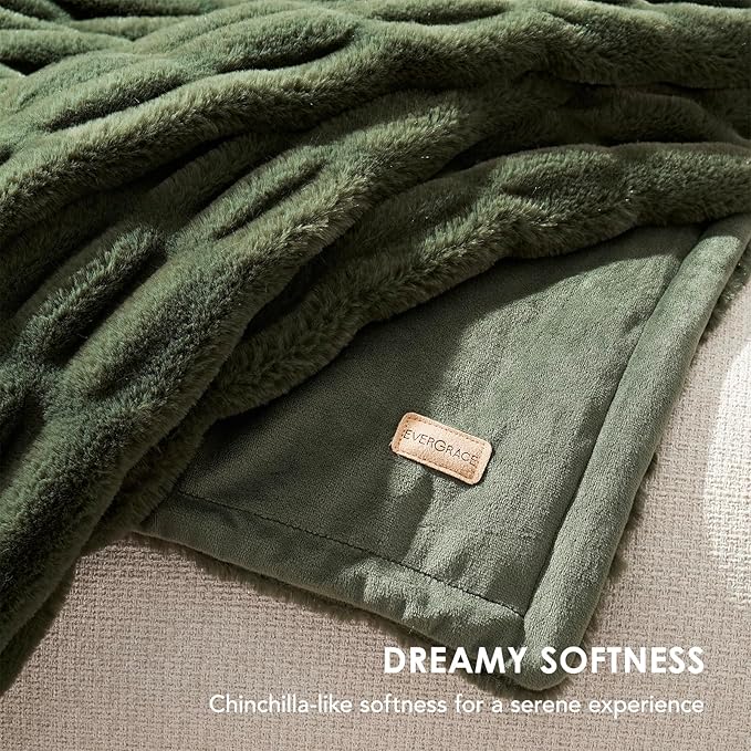 EVERGRACE Luxurious Soft Faux Rabbit Fur Throw Blanket, Cozy Fuzzy Plush Warm Throws for Couch Bed Sofa Chair Home Decor, Ruched Bubble Fluffy Blanket with Reversible Velvet, 60" x 80", Loden Green