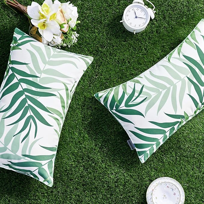 MIULEE Pack of 2 Decorative Outdoor Waterproof Throw Pillow Covers Patio Pillow Cases Natural Leaves Pattern Spring Square Cushion Shams Shell for Garden Balcony Couch 12x20 Inch, Sage Green