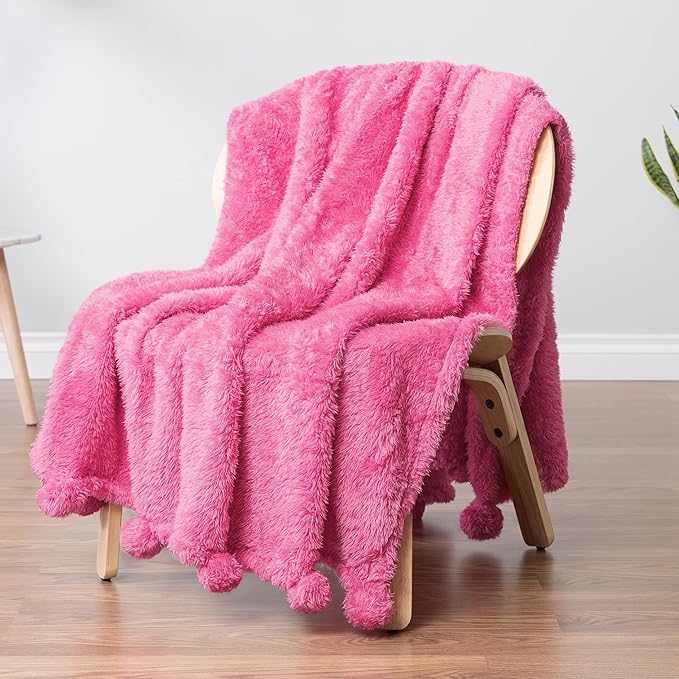 PAVILIA Pink Sherpa Throw Blanket for Couch, Warm Plush Pom Pom Blanket Throw Twin, Fuzzy Sofa Blanket Throw for Bed, Lightweight Soft Cozy Fluffy Blanket with Pom Poms, Hot Pink, 60x80
