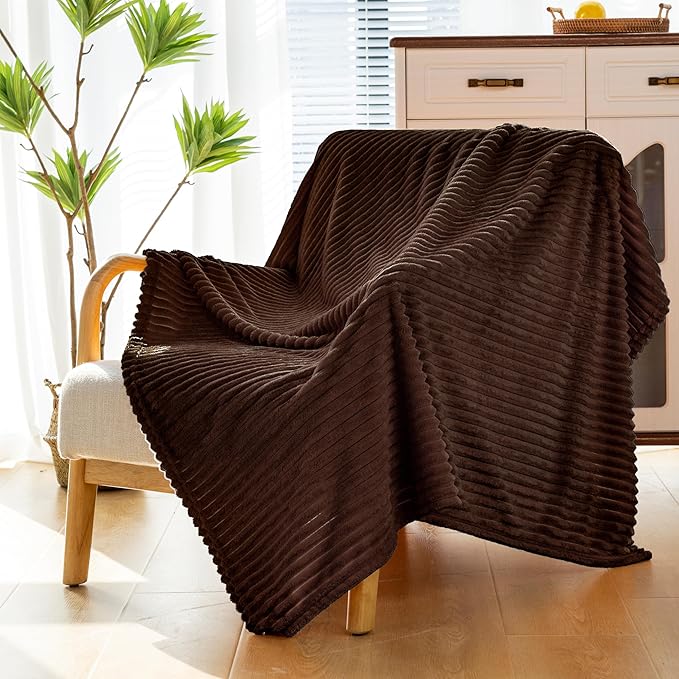 Vessia Flannel Fleece Twin Size Blanket, 300GSM Cozy Brown Stripe Bed Blanket for Couch, Sofa and Bed, Warm and Soft Chocolate Microfiber Ribbed Home Decor for All Season