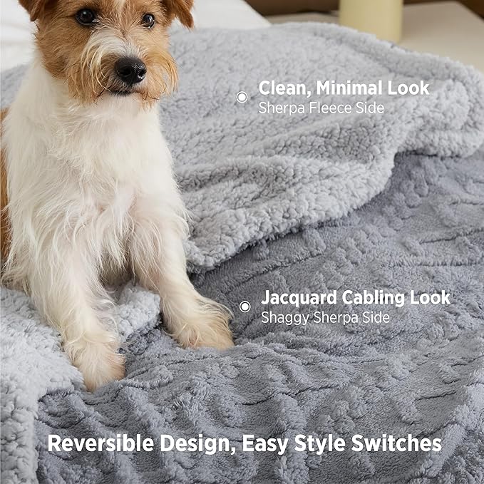 Bedsure Gentlesoft Sherpa Fleece Blanket Twin Size for Bed - Fluffy & Cozy Cable Jacquard Tufted for Women Gift, Thick and Warm Blanket for Winter, Grey, 60x80 Inches