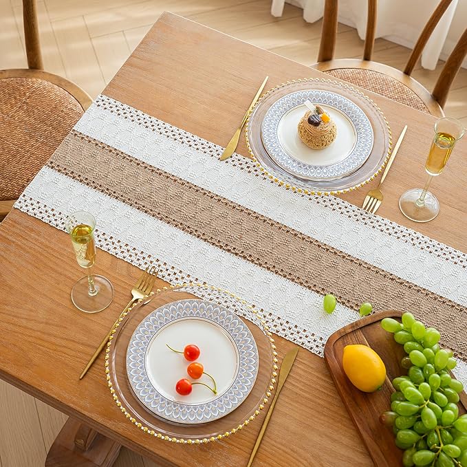 FEXIA Boho Table Runner for Fall Home Decor with Tassels 72 Inches Long Farmhouse Rustic Table Runner Macrame Burlap Table Decoration for Living Room Bridal Shower(12x72 Inches)