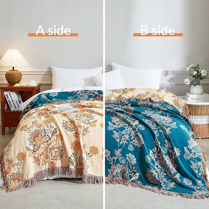 Boho Throw Blanket for Bed 80”x90”, 100% Cotton Woven Blanket for Couch Sofa, Ultra Soft 4-Layer Muslin Quilt with Floral Printed, Farmhouse Bed Blanket/Cover for Living Room Decor