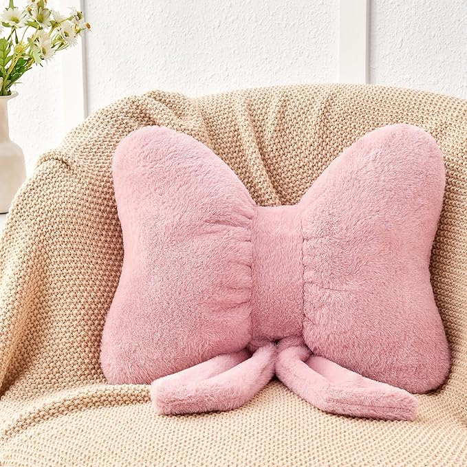 Dusty Pink Bow Pillow,16'' Bow Decorative Pillows with Faux Rabbit Fur,Soft Bow Throw Pillows Aesthetic Bow Shaped Pillow for Bed Sofa Couch Home Decor
