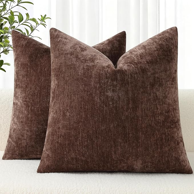 decorUhome Chenille Reddish Brown Throw Pillow Covers 18x18 Inch Set of 2, Decorative Soft Couch Pillow Covers Solid Dyed Accent Farmhouse Neutral Square Pillow Cases for Sofa