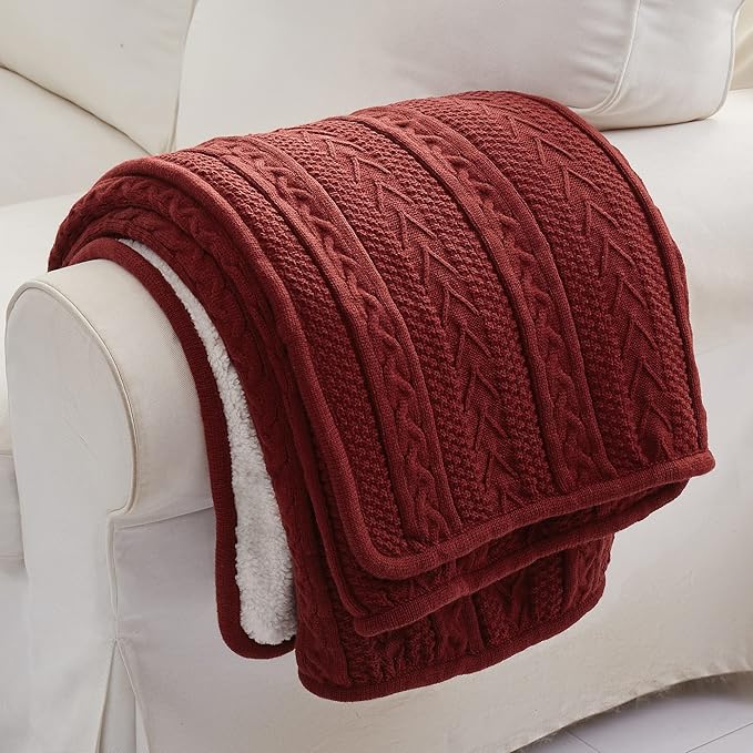 Longhui bedding Wine Red 50 x 63 Inches Acrylic Cable Knit Sherpa Throw Blanket - Thick, Soft, Big, Cozy Knitted Fleece Blankets for Couch, Sofa, Bed - Large Coverlet All Season, Burgundy Color