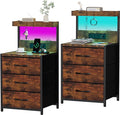 Nightstands Set of 2, End Table with LED Light and Charging Station Type C, 3 Drawers Storage Dresser Night Stand with Hooks, Tall Bed Side Table for Bedroom Dorm, Rustic Brown