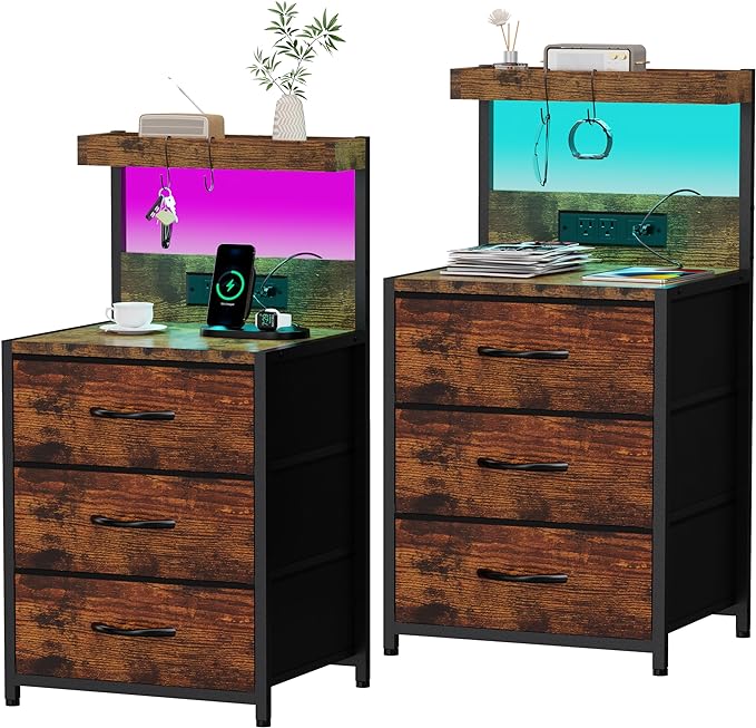 Nightstands Set of 2, End Table with LED Light and Charging Station Type C, 3 Drawers Storage Dresser Night Stand with Hooks, Tall Bed Side Table for Bedroom Dorm, Rustic Brown