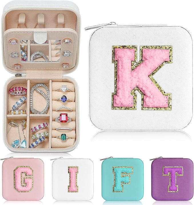 Parima Easter Gifts - Gifts for Women, Personalized Jewelry Case Jewelry Boxes for Women Birthday Gift for Mother Travel Gift for Her Mothers Day - Letter K, White