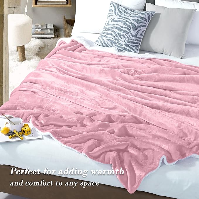 Mocassi Premium Ultra-Soft Velvet Touch Flannel Fleece Sherpa Throw - Warm Cozy Reversible Plush Micromink Throw Blanket for Couch, Bed and Sofa - Fluffy, Christmas Winter Bedding Gift, Light Pink