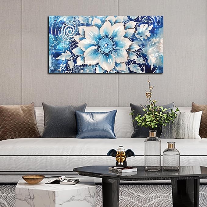 Flower Picture Wall Decor for Bedroom Large Blue Flower Canvas Wall Art for Office Framed Floral Wall Art for Living Room Ready To Hang Size 40 x 20 Inch
