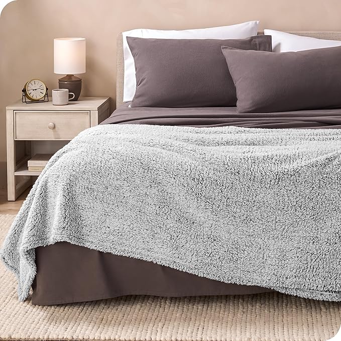 Bare Home Faux Shearling Blanket - Full/Queen Size - Blanket for Bed, Sofa, Couch, Camping, Travel, and Gifts - Warm & Lightweight - Fluffy & Soft (Full/Queen, Tipped Grey)