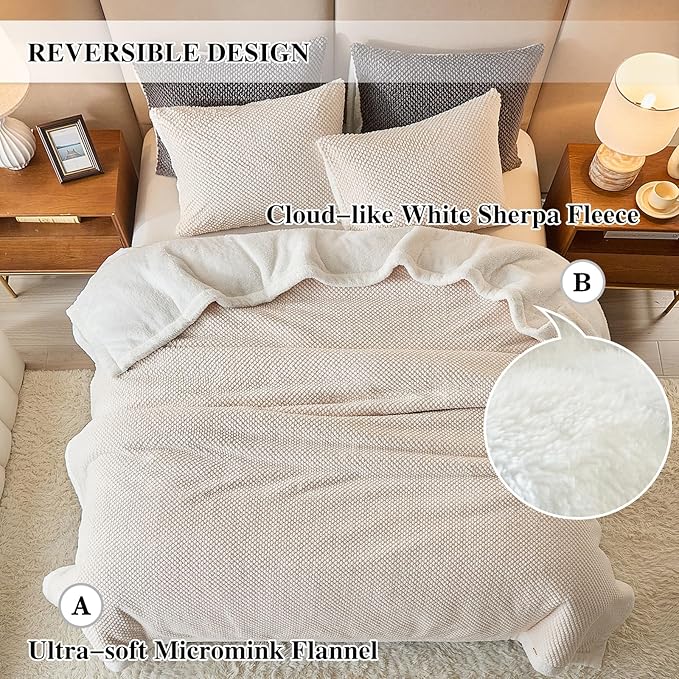Luxury Flannel Fleece Sherpa Blankets Twin Size for Bed, Jacquard Boho 3-Layer Thick and Warm Blanket for Winter, Soft Cozy Fuzzy Plush Velvet Blanket with 2 Pillow Cases, Beige, 68x86 Inches