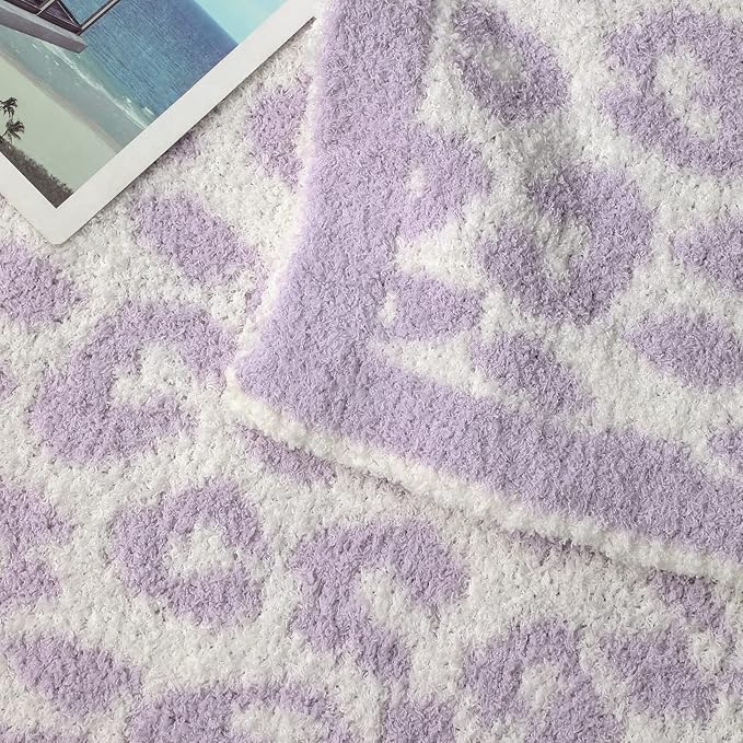 bearberry Fuzzy Leopard Knitted Throw Blanket Soft Cozy Warm Microfiber Blanket for Couch Sofa Bed Travel (Purple/Cream, 40"x50")
