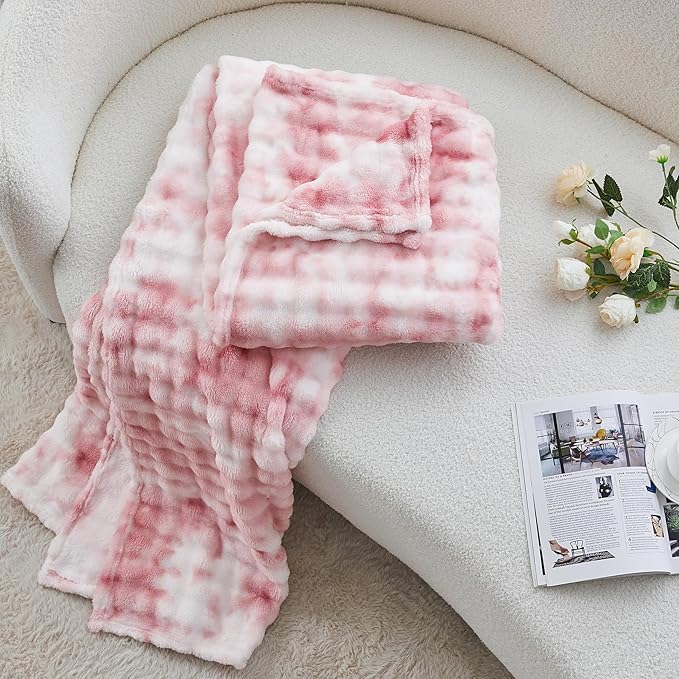 3D Bubble Plush Blanket Textured Fleece Throw Soft Warm Cozy Blanket Couch Bed Tie Dye Pink 60x80 Inches